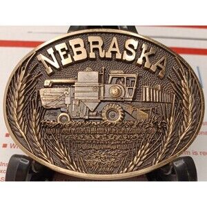 Nebraska Solid Brass Belt Buckle Harvester Farmer Tractor  U.S.A. 1980's NOS